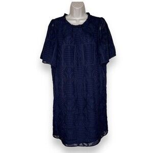 Jade Melody Tam Embroidered Swiss Dot Flutter Sleeve Navy Dress Women Large